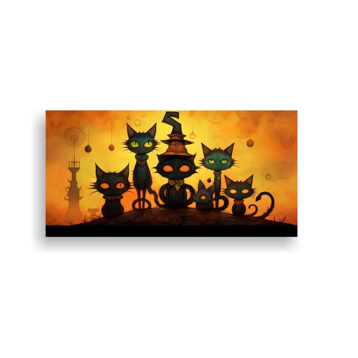 Cuadro gatos negros de Halloween con sombrero de bruja