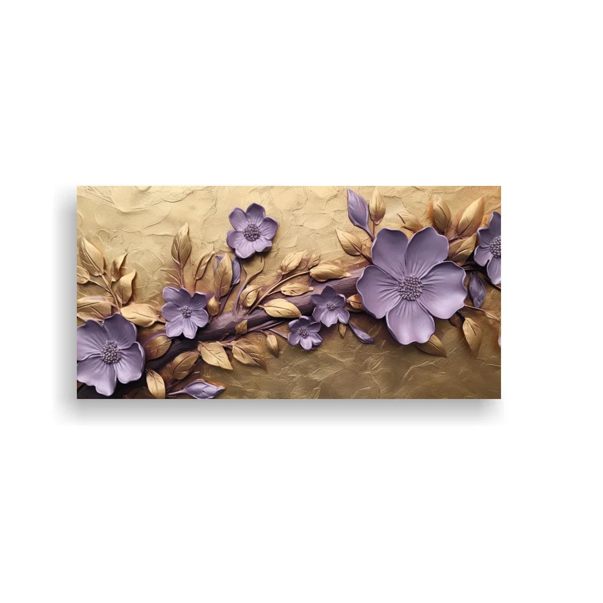 Cuadro rama de flores lilas con hojas doradas