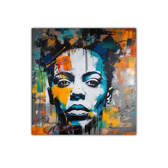 Rostro femenino vibrante con toques abstractos y colores intensos