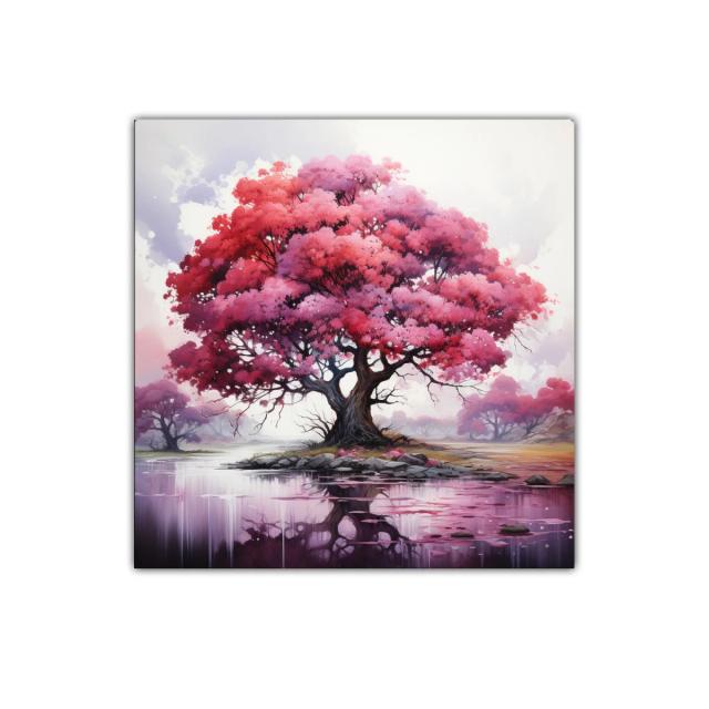 Árbol rosa con reflejo en lago sereno y místico