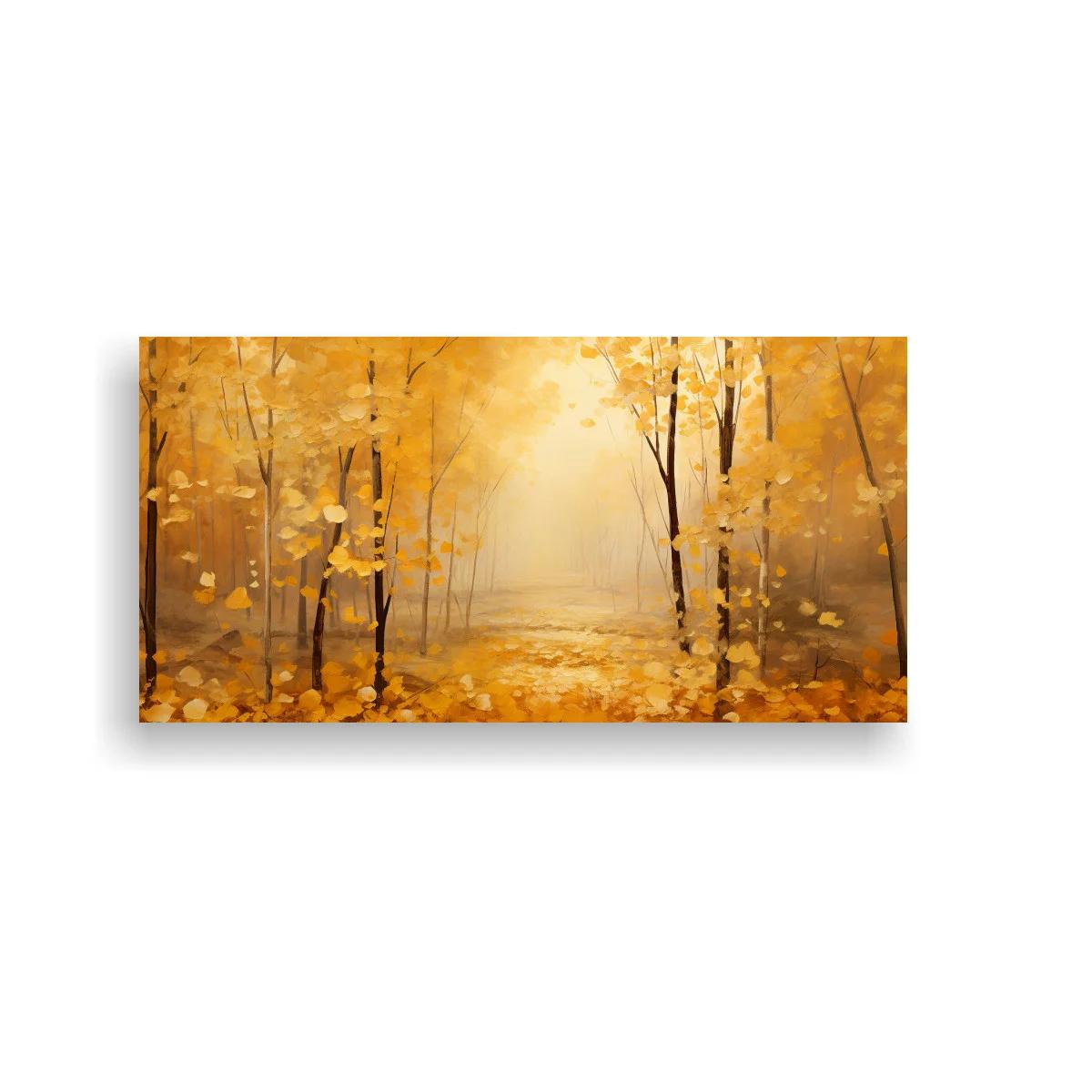 Cuadro bosque otoñal con claro luminoso y hojas doradas