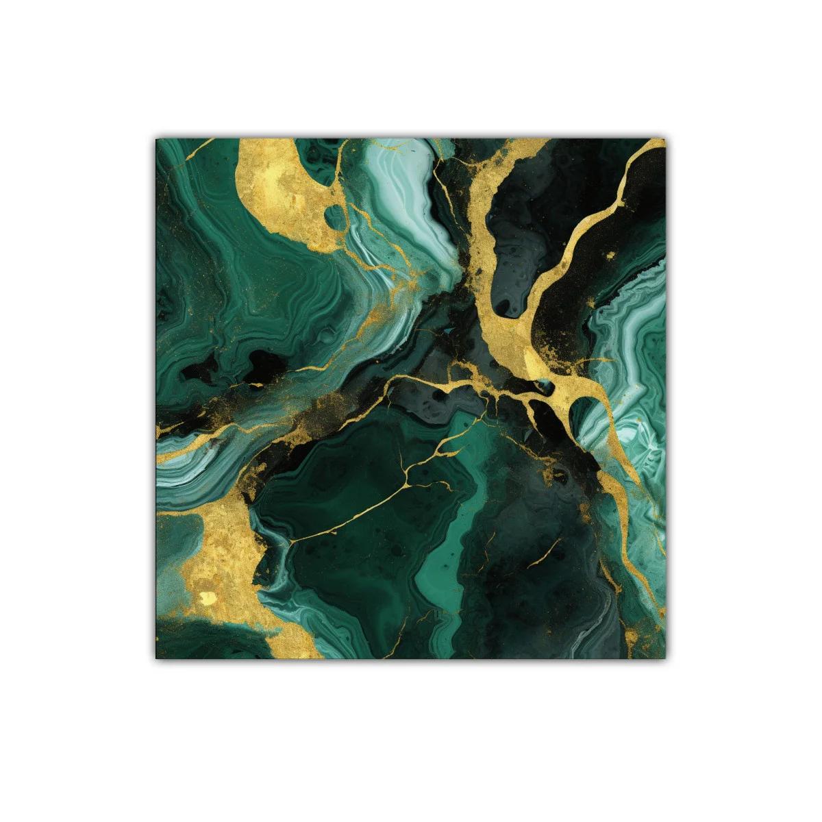 Cuadro abstracto con tonos verdes y detalles dorados brillantes