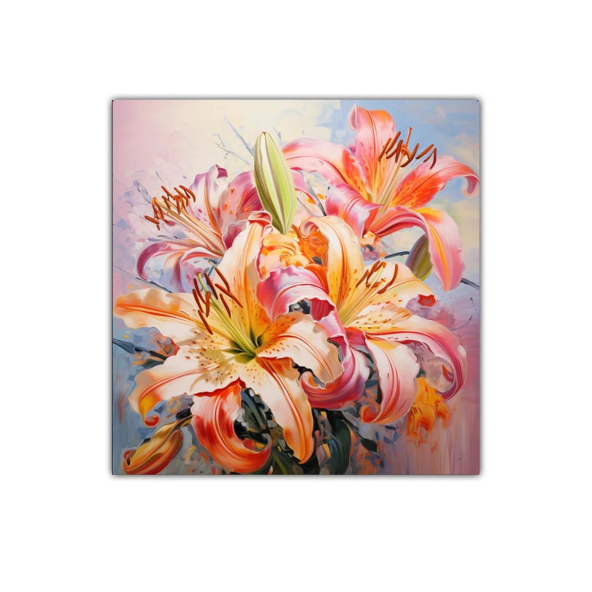 Cuadro decorativo con flores de lirio en tonos cálidos