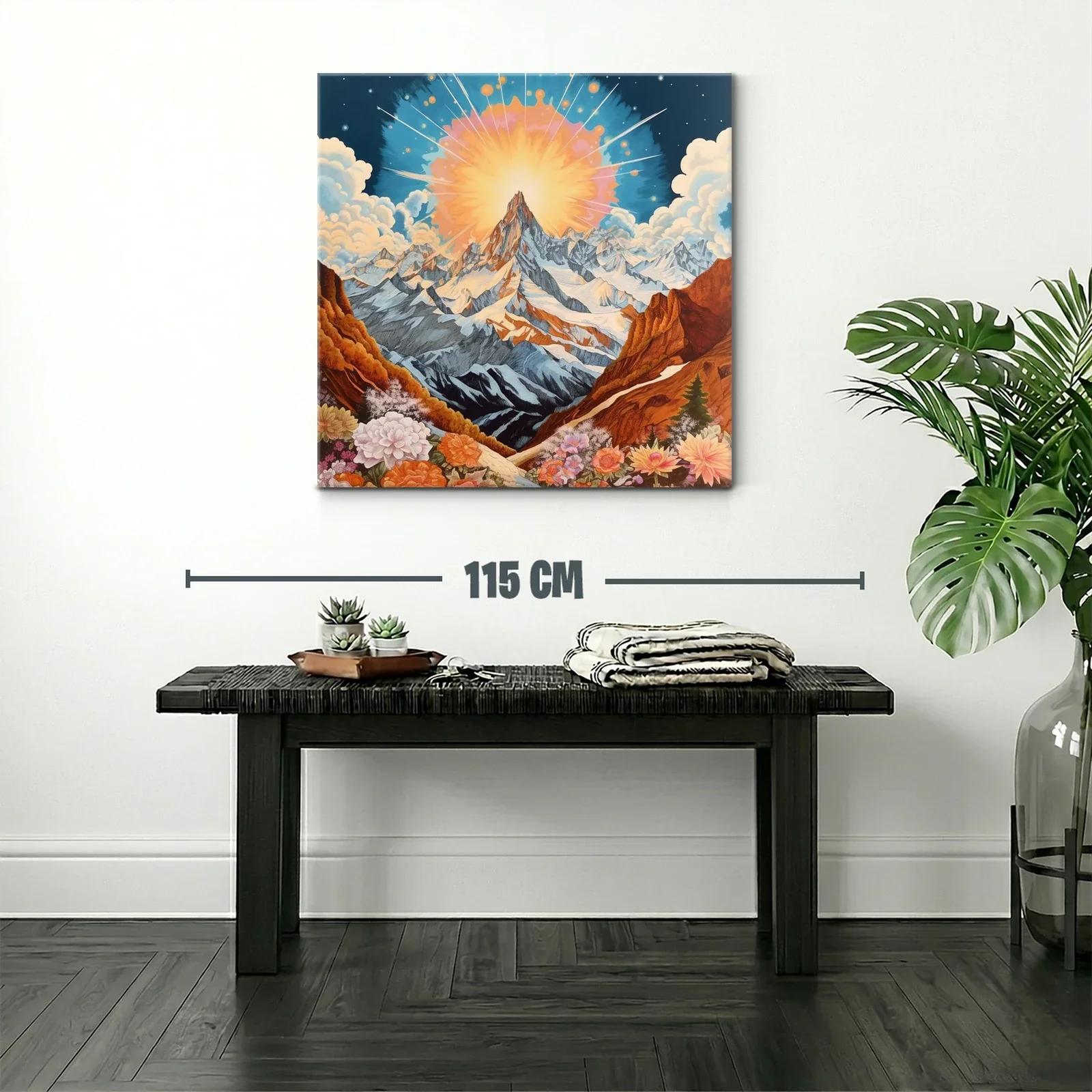 Montaña majestuosa con sol radiante y flores vibrantes — miniatura 2