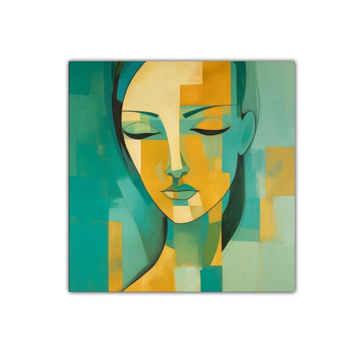 Cuadro abstracto rostro femenino en tonos verdes y amarillos