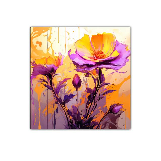 Cuadro floral vibrante en tonos morados y amarillos