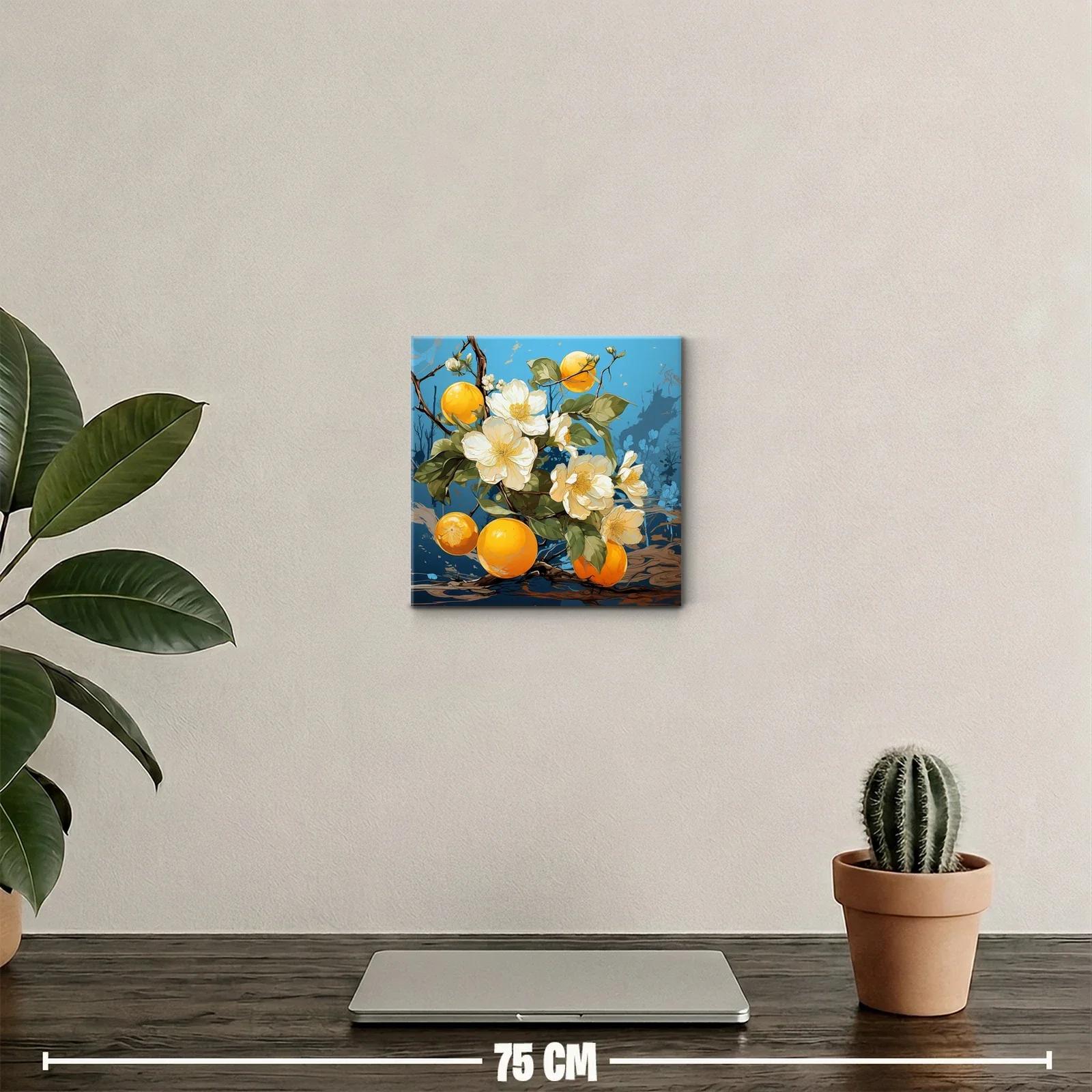 Flores blancas y frutas naranjas en fondo azul vibrante — miniatura 2