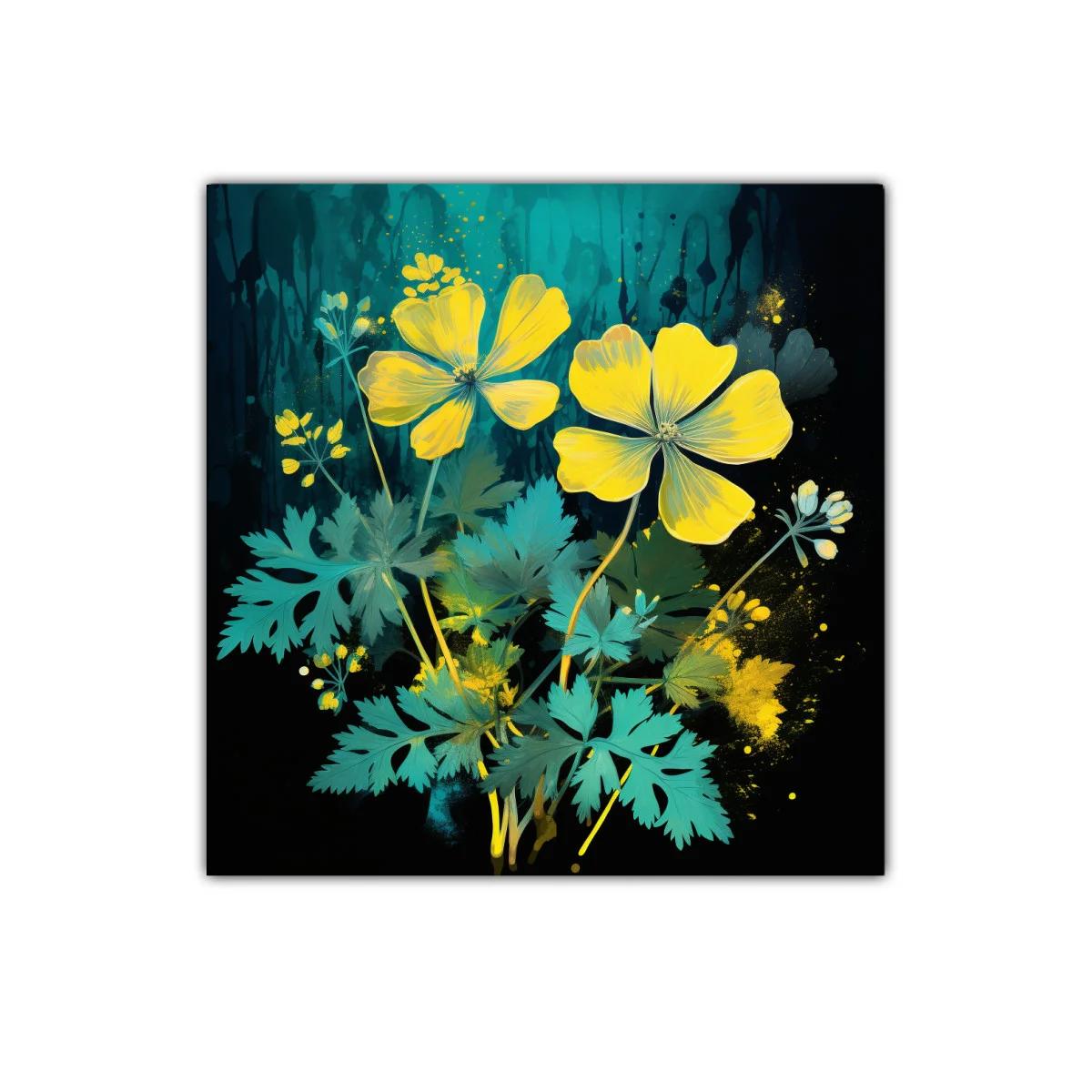 Flores Amarillas sobre Fondo Oscuro con Detalles Artísticos — imagen principal