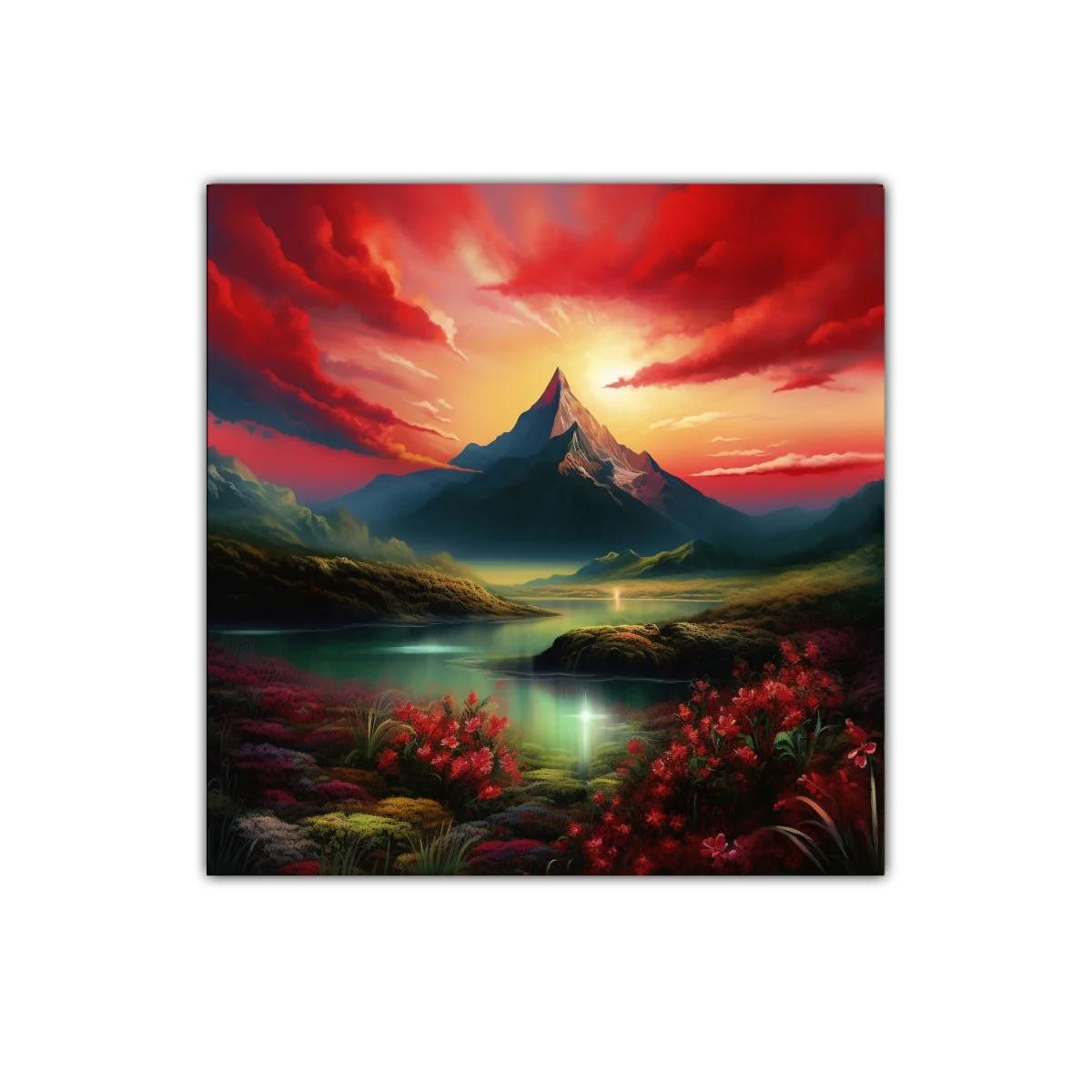 Paisaje Montañoso al Amanecer con Flores Rojas — imagen principal