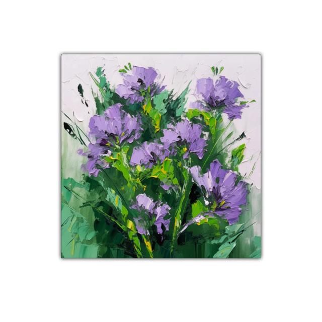 Cuadro moderno con flores lilas y follaje verde intenso