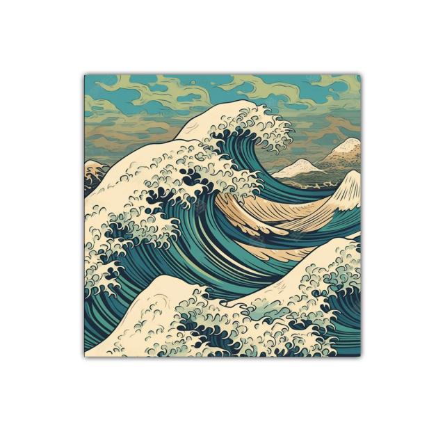 Cuadro decorativo con ola y paisaje montañoso en tonos azules