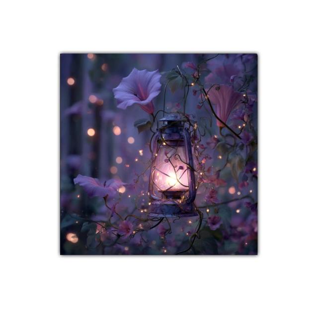 Cuadro decorativo farol iluminado entre flores moradas