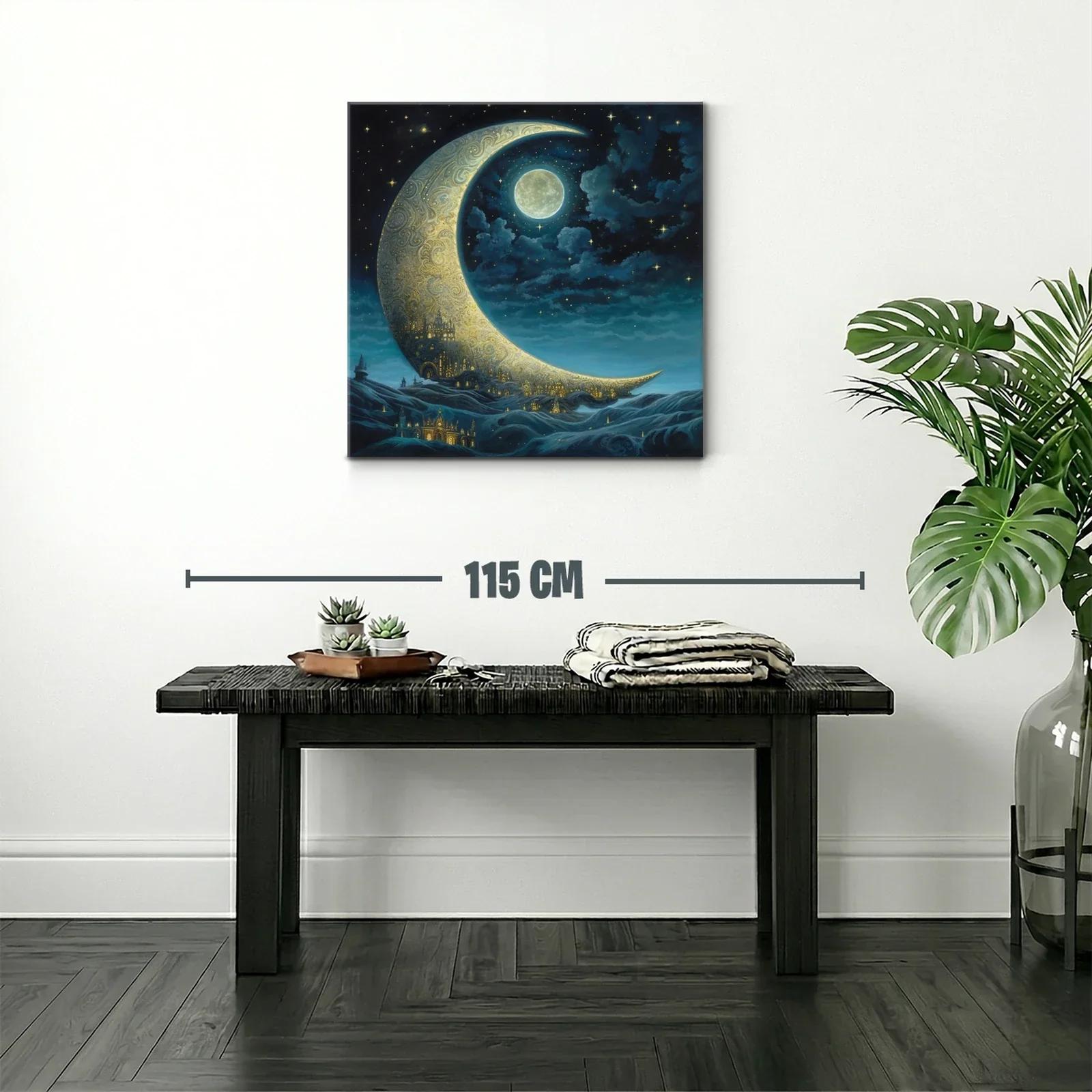 Paisaje nocturno con luna creciente y ciudad dorada — miniatura 2