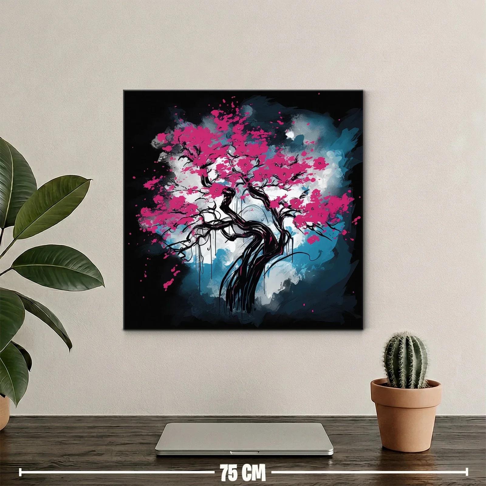 Árbol de flores fucsias sobre fondo abstracto azul y negro — miniatura 2