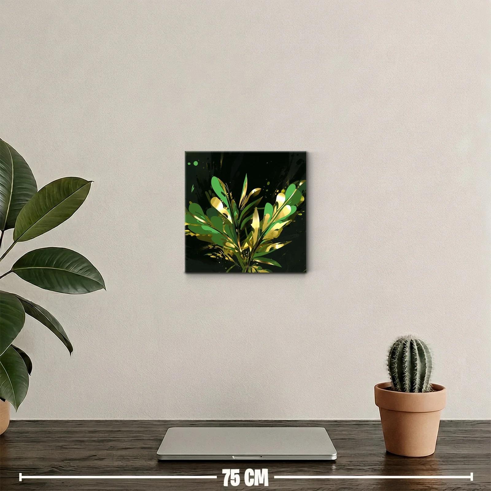 Cuadro abstracto con motivos vegetales dorados y verdes — miniatura 2