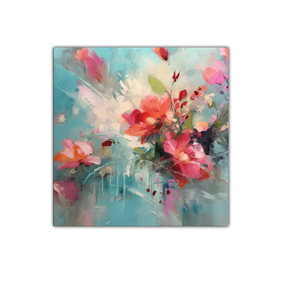 Cuadro con flores vibrantes en tonos coral y turquesa