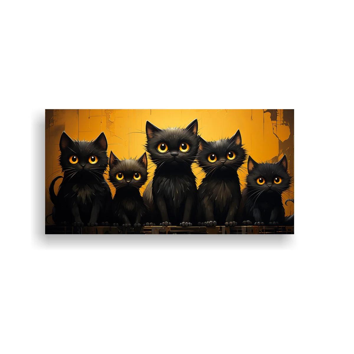 Cuadro cinco gatos negros de ojos dorados con bordes desgastados