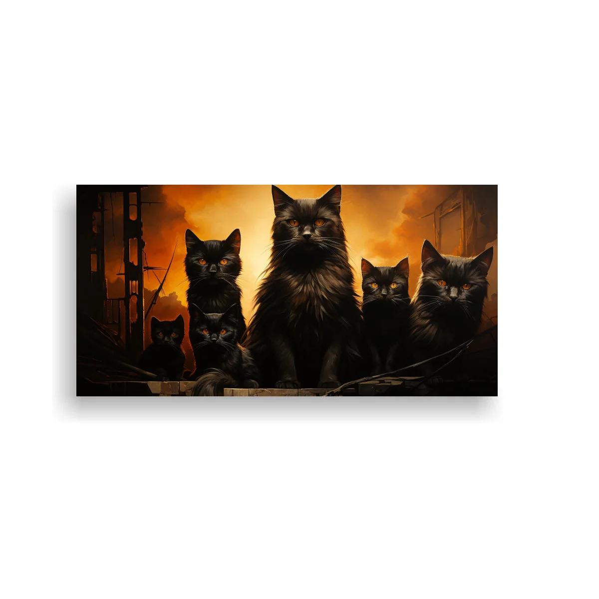 Cuadro grupo de gatos negros de pelo largo con fondo anaranjado