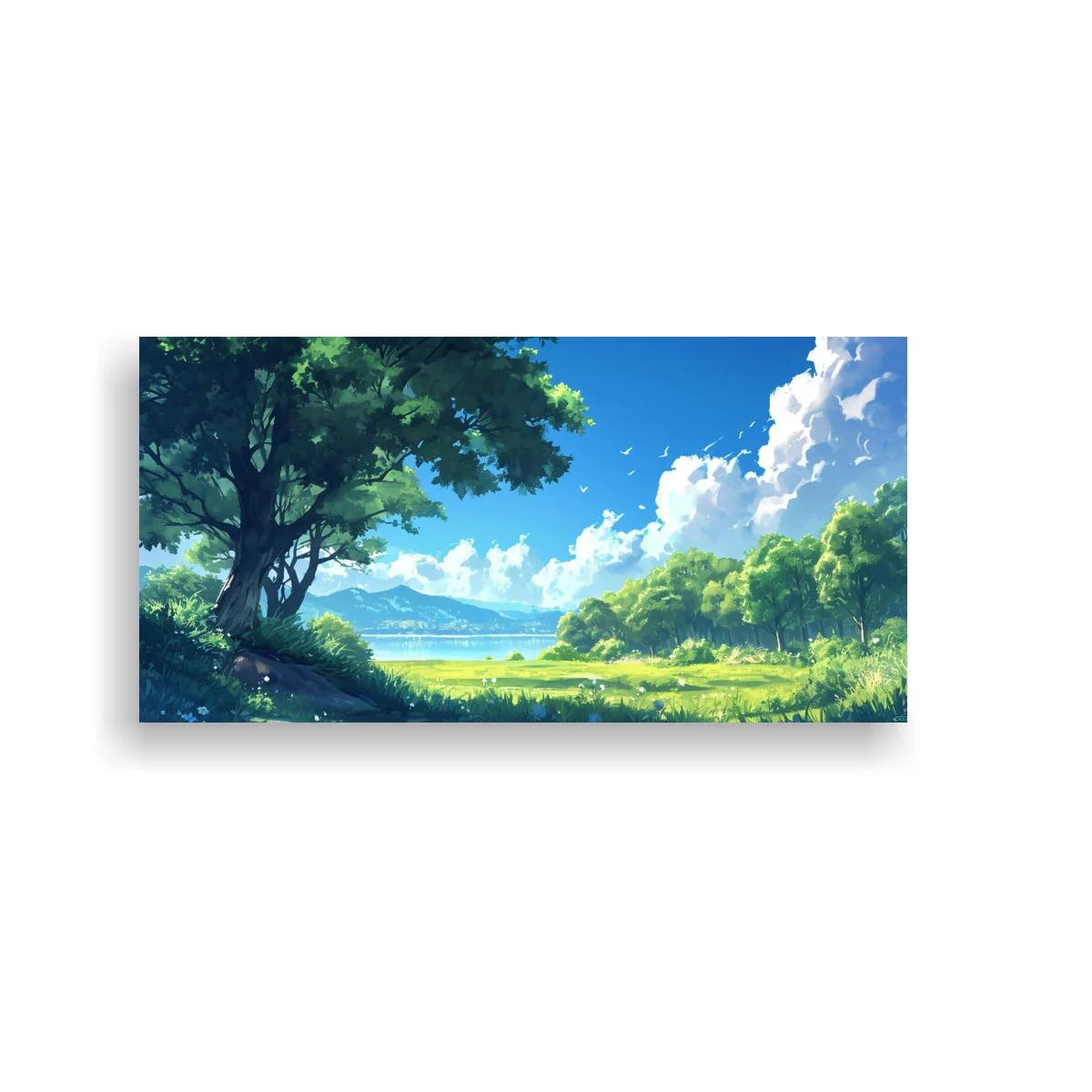 Cuadro paisaje campestre con árbol grande y luz sobre la pradera