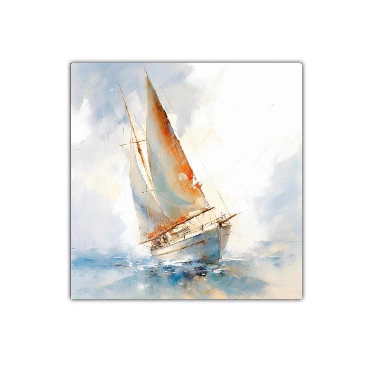 Velero en mar abierto con tonos cálidos y suaves azules — imagen principal