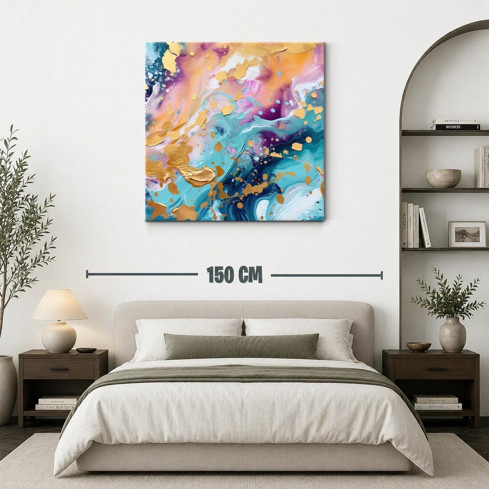 Cuadro abstracto con tonos dorados y vibrantes azules — miniatura 3