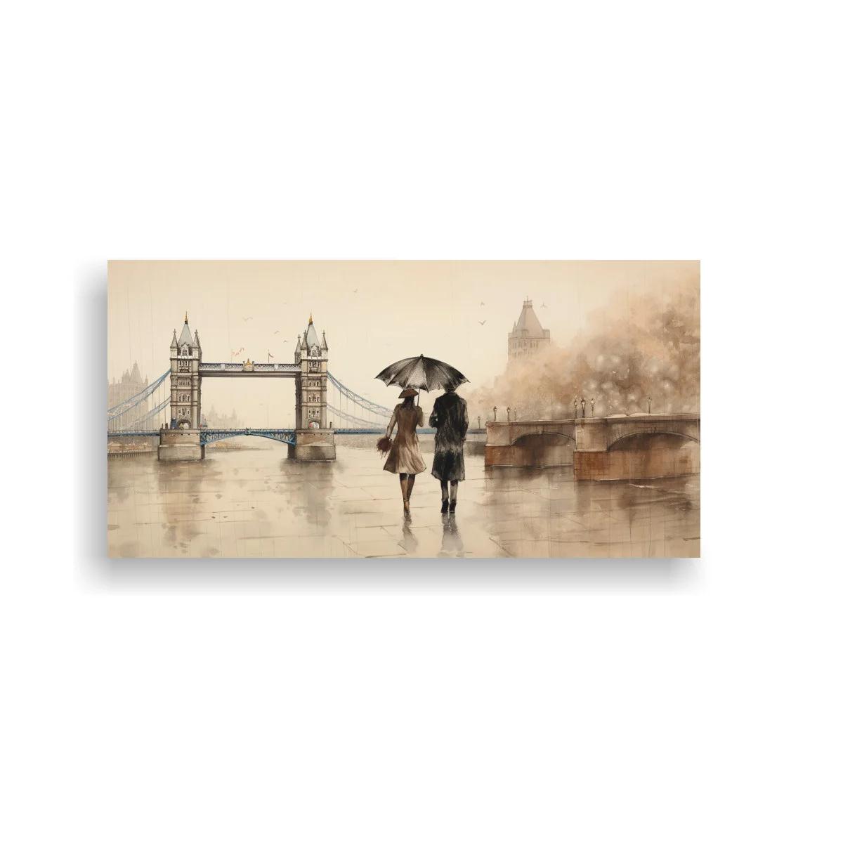 Cuadro pareja con paraguas junto al Tower Bridge