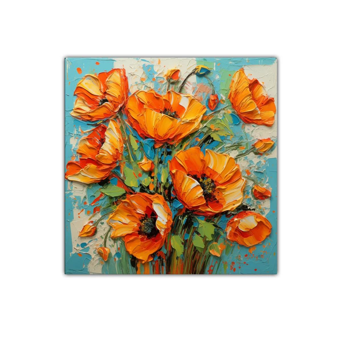 Cuadro decorativo con vibrantes flores anaranjadas y fondo azul — imagen principal