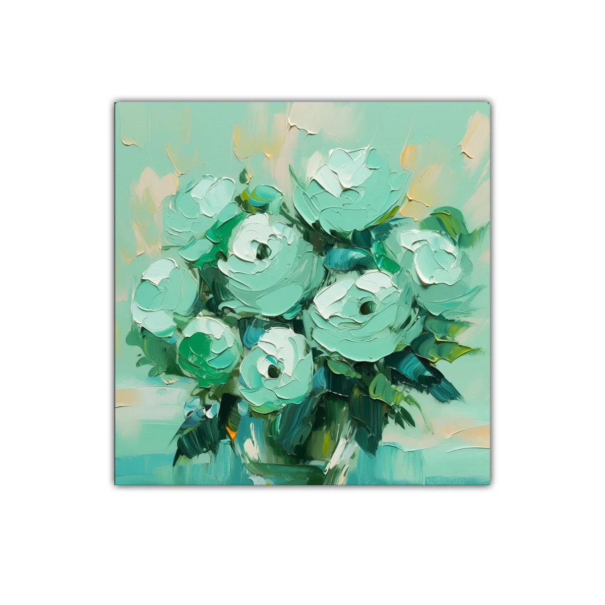 Cuadro decorativo con ramos de flores en tonos verdes y blancos