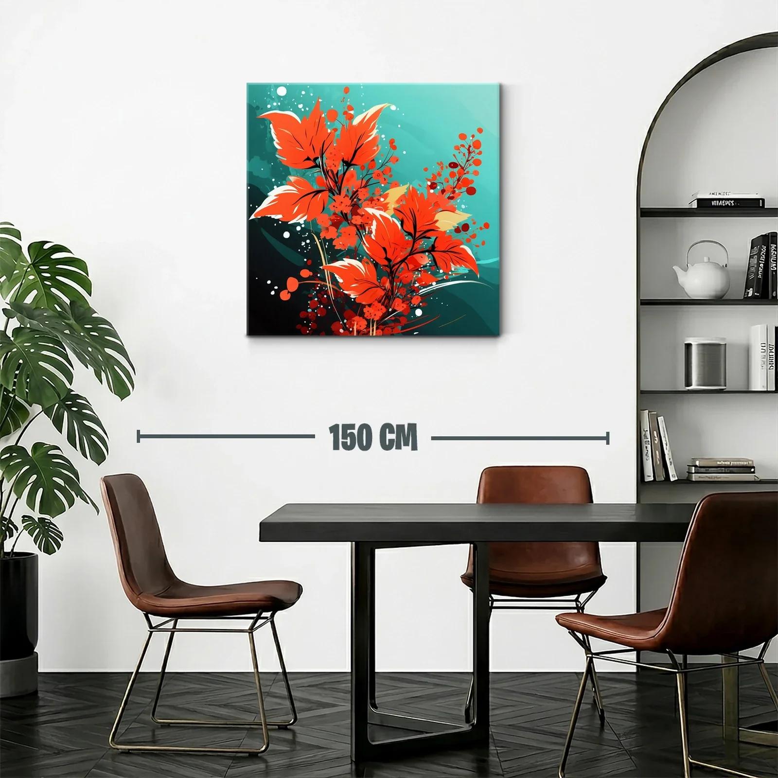 Cuadro moderno con hojas y flores en tonos rojos vibrantes — miniatura 2