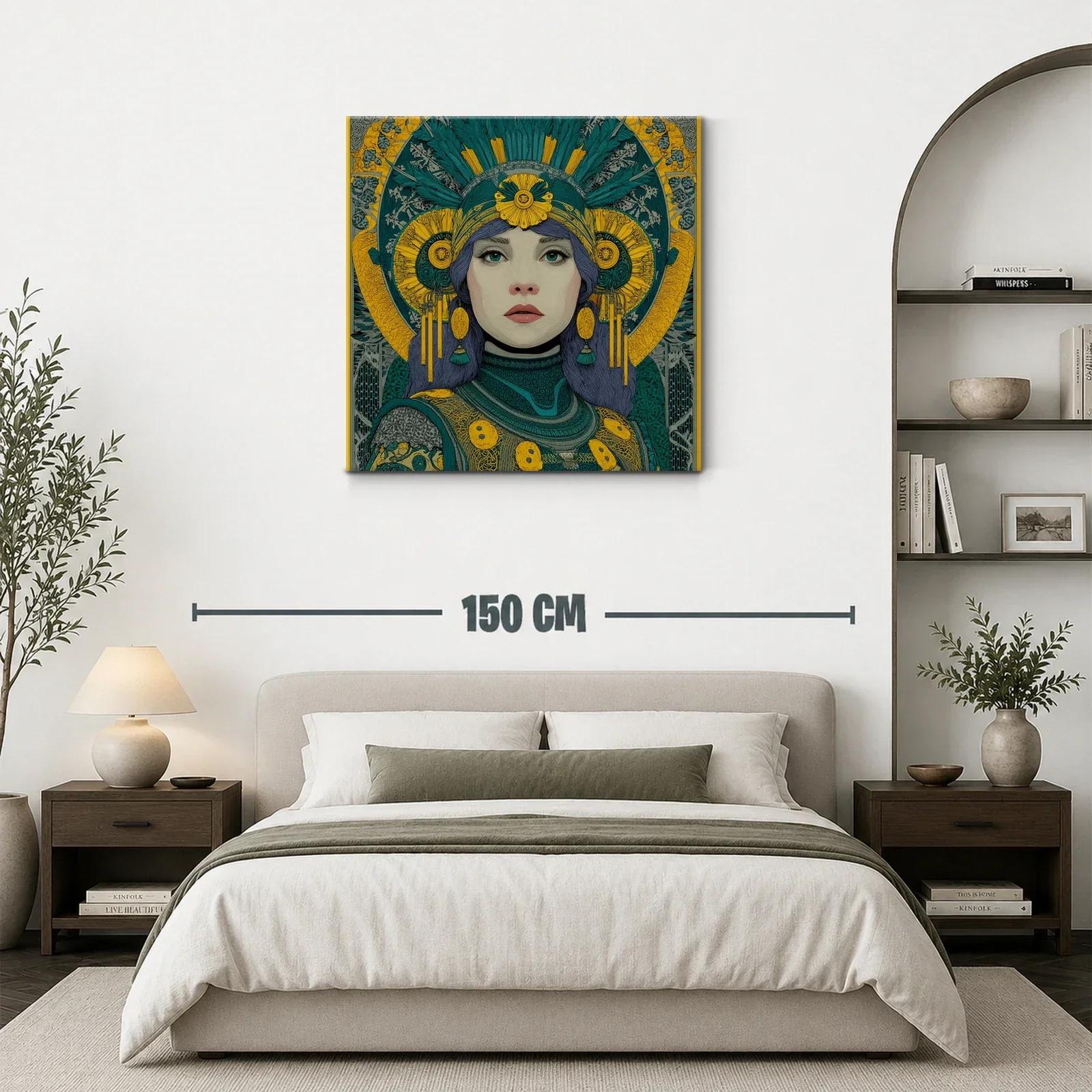 Retrato femenino con detalles ornamentales en tonos verdes y amarillos — miniatura 3