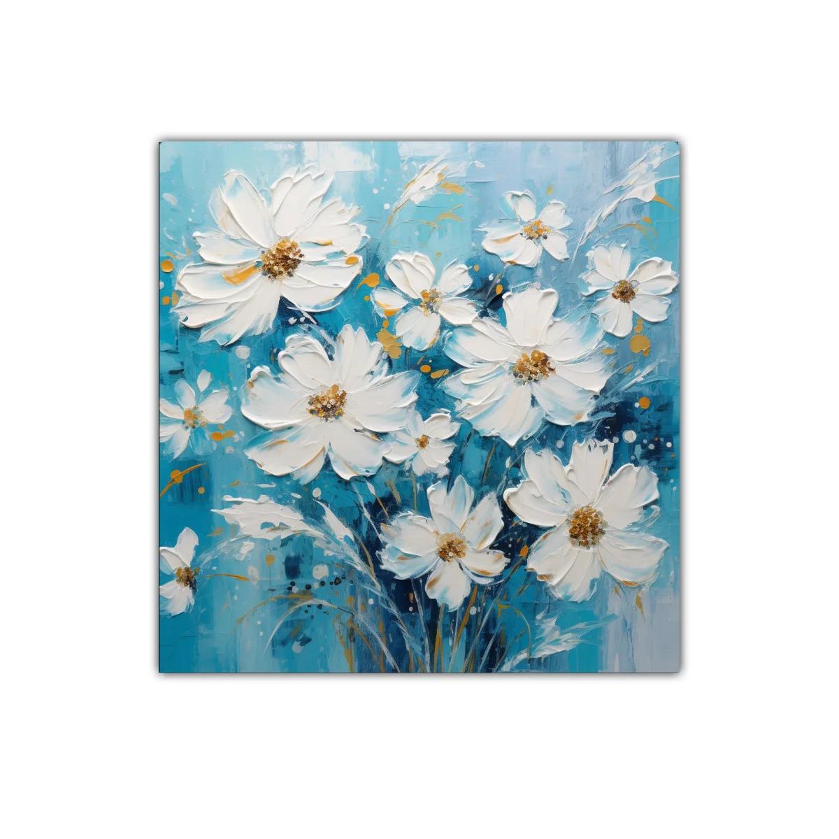 Cuadro floral con vibrantes flores blancas sobre azul — imagen principal