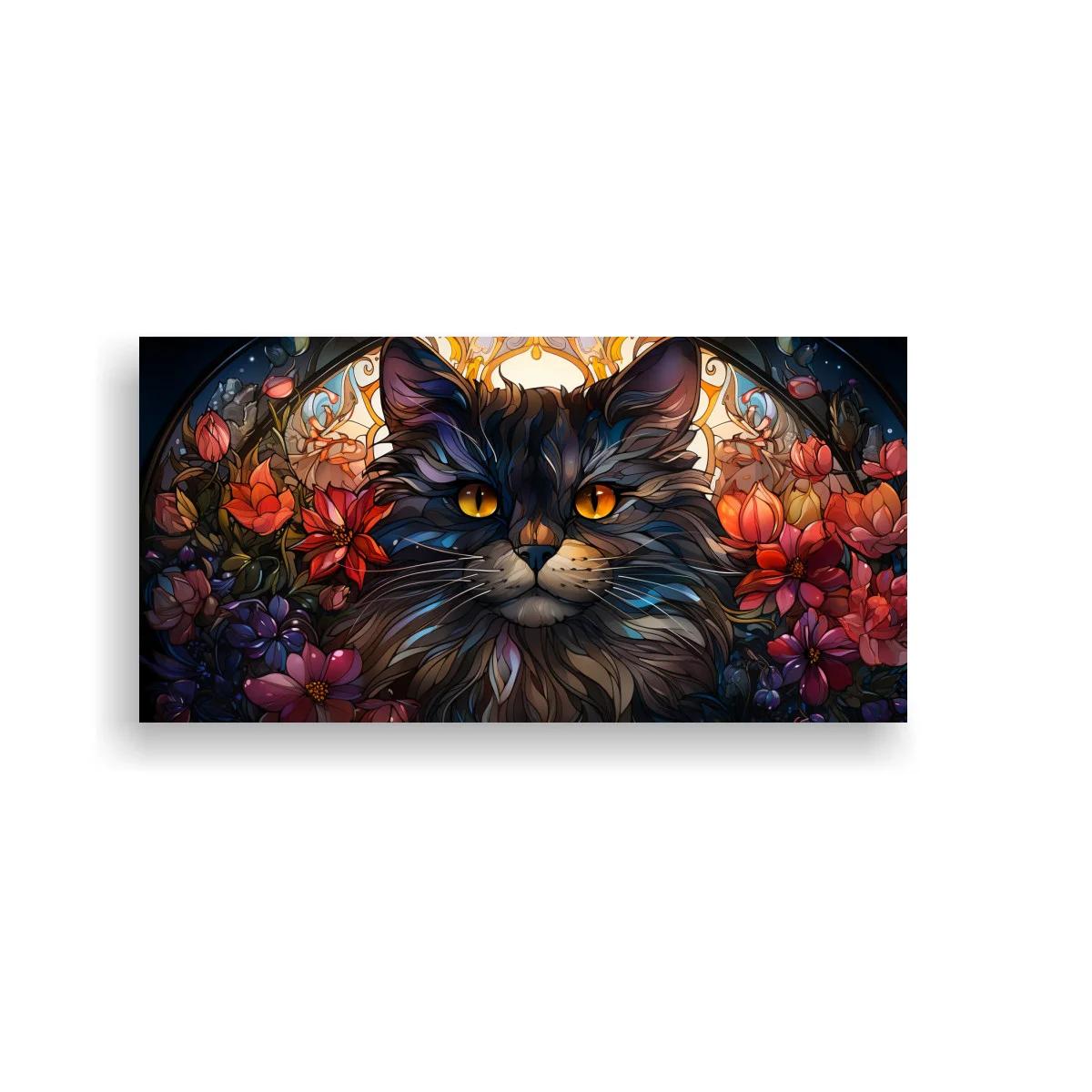Cuadro gato de pelo largo con marco floral simétrico