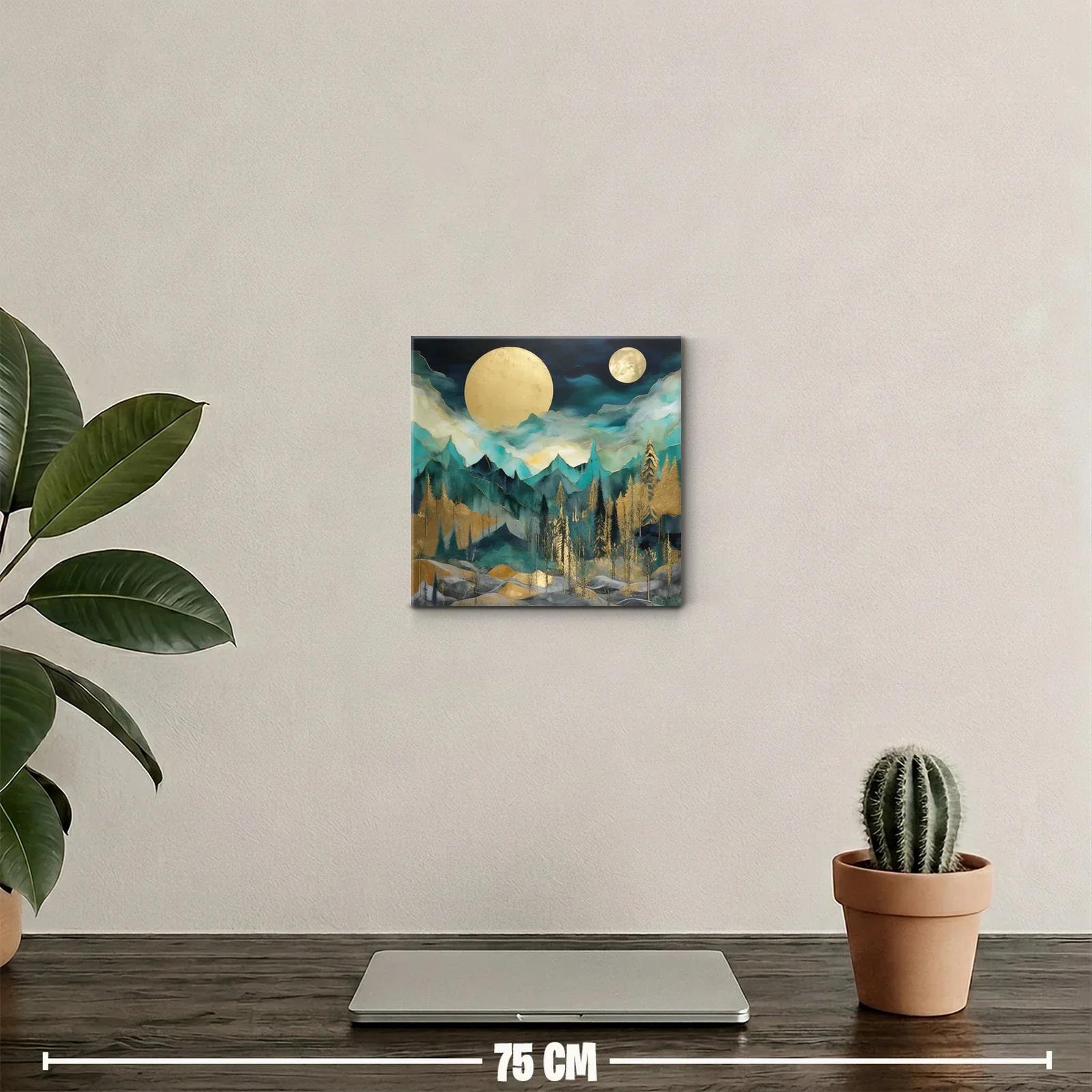 Paisaje nocturno con lunas doradas y montañas azules — miniatura 2