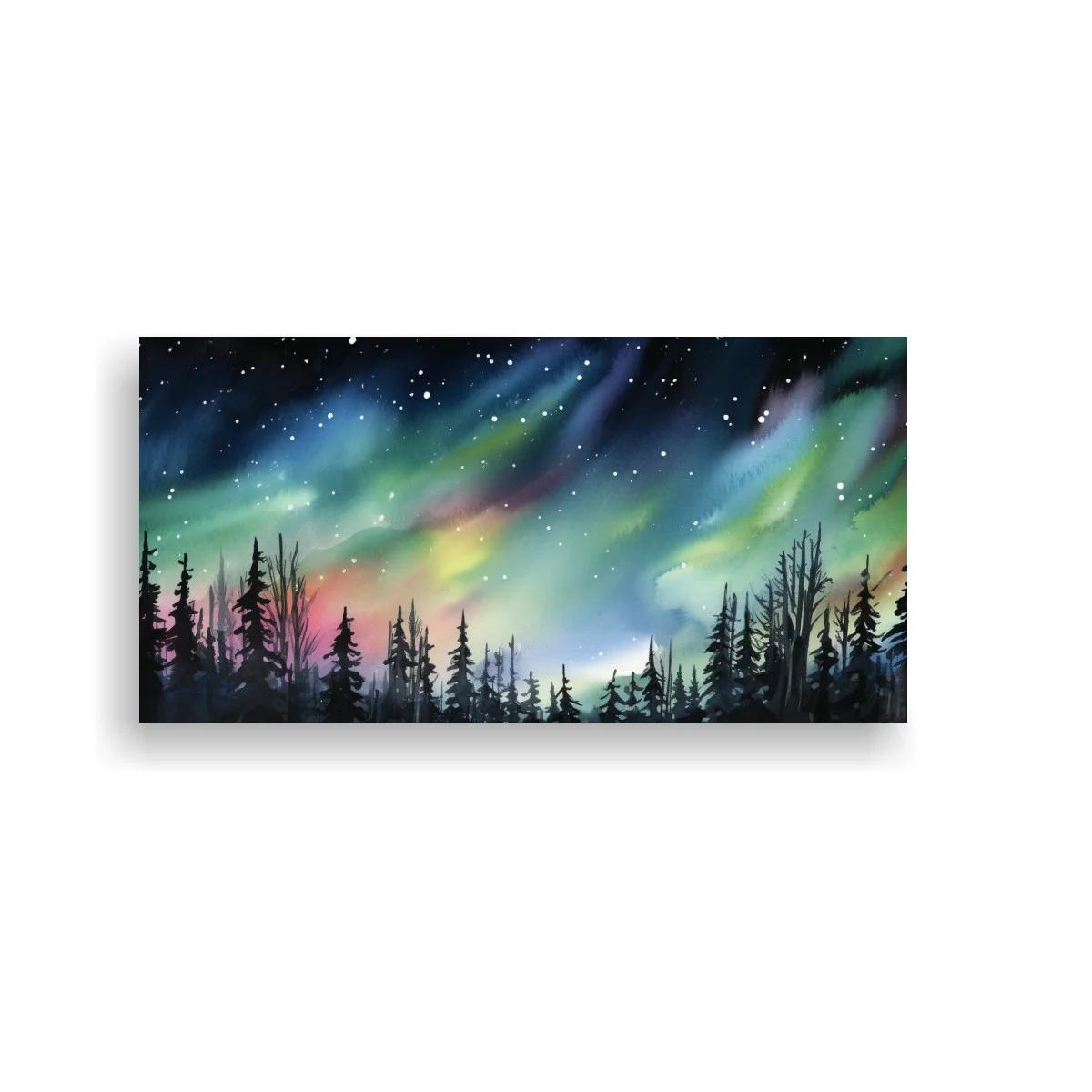 Cuadro aurora boreal sobre bosque de pinos — imagen principal