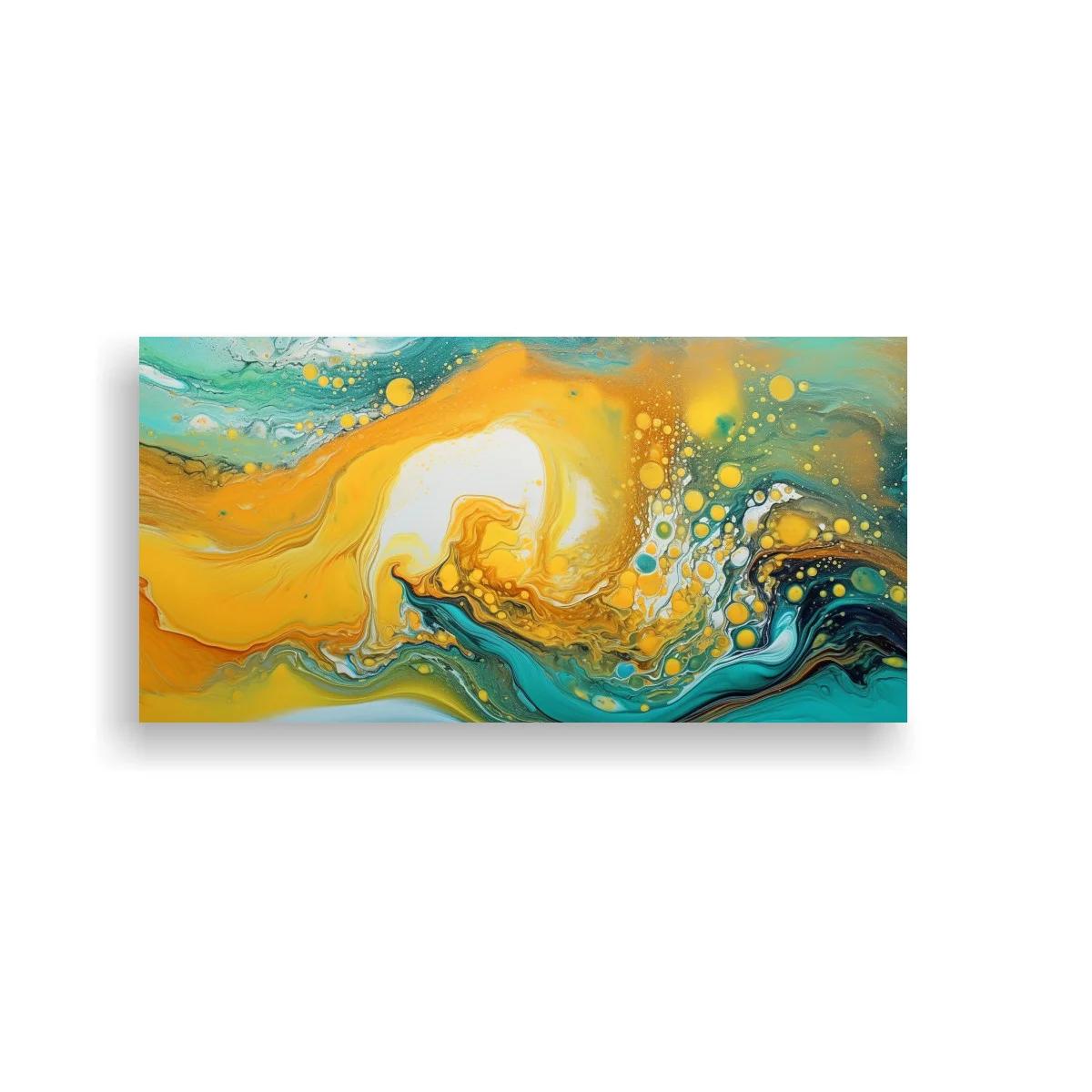 Cuadro abstracción fluida en turquesa y dorado con remolinos y puntos — imagen principal