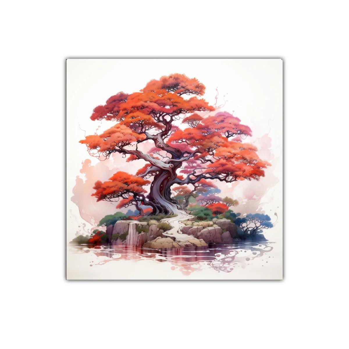 Árbol rojo y paisaje sereno con reflejo en el agua