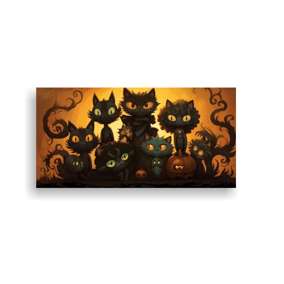 Cuadro grupo de gatos negros de Halloween con calabazas