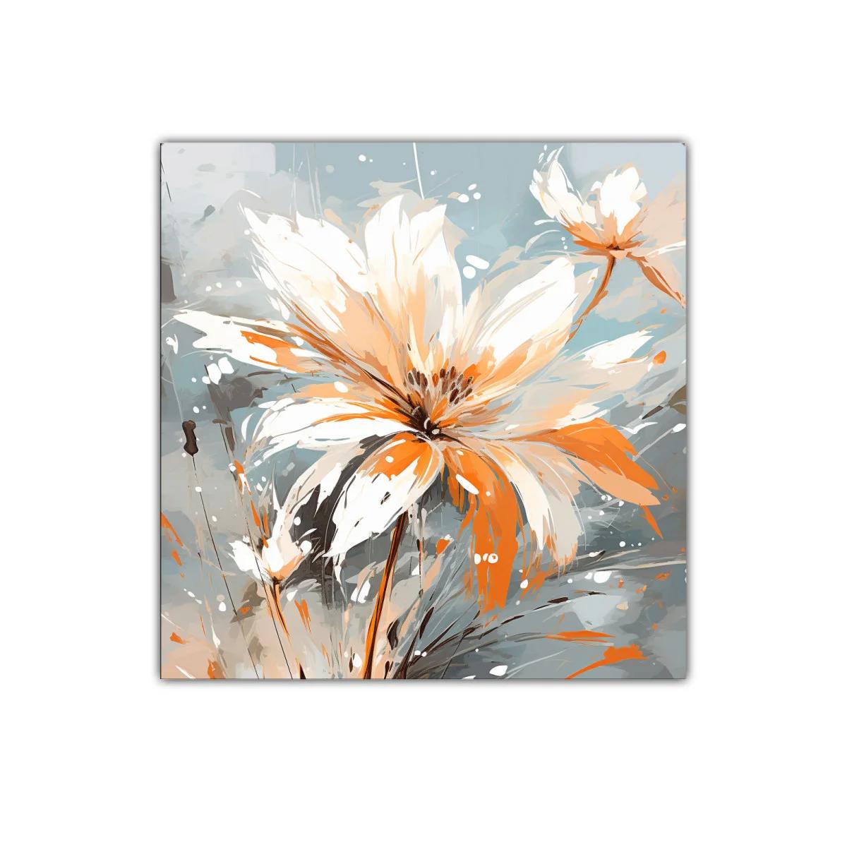 Cuadro floral contemporáneo en tonos naranja y azul