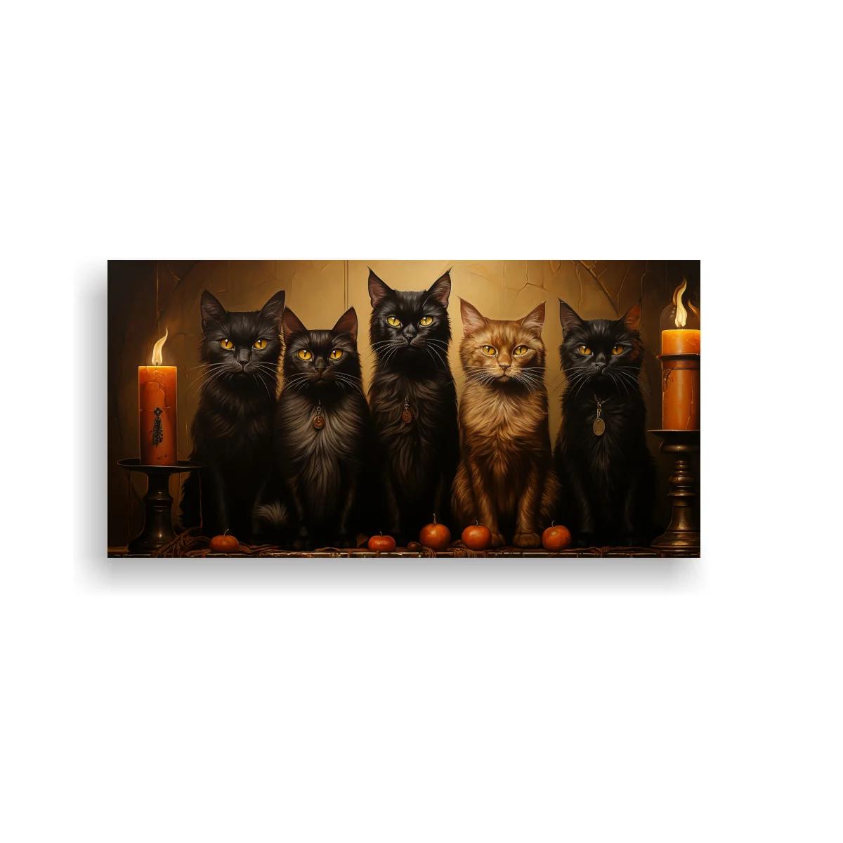 Cuadro cinco gatos sentados con velas y huevos sobre madera — imagen principal