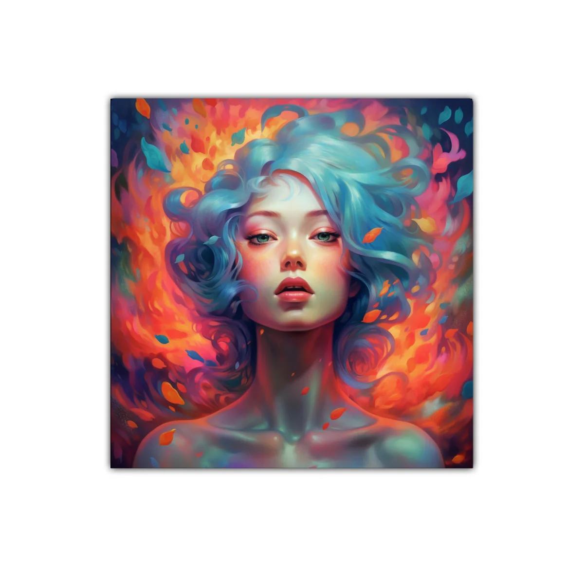 Retrato femenino con cabello azul y llamas vibrantes