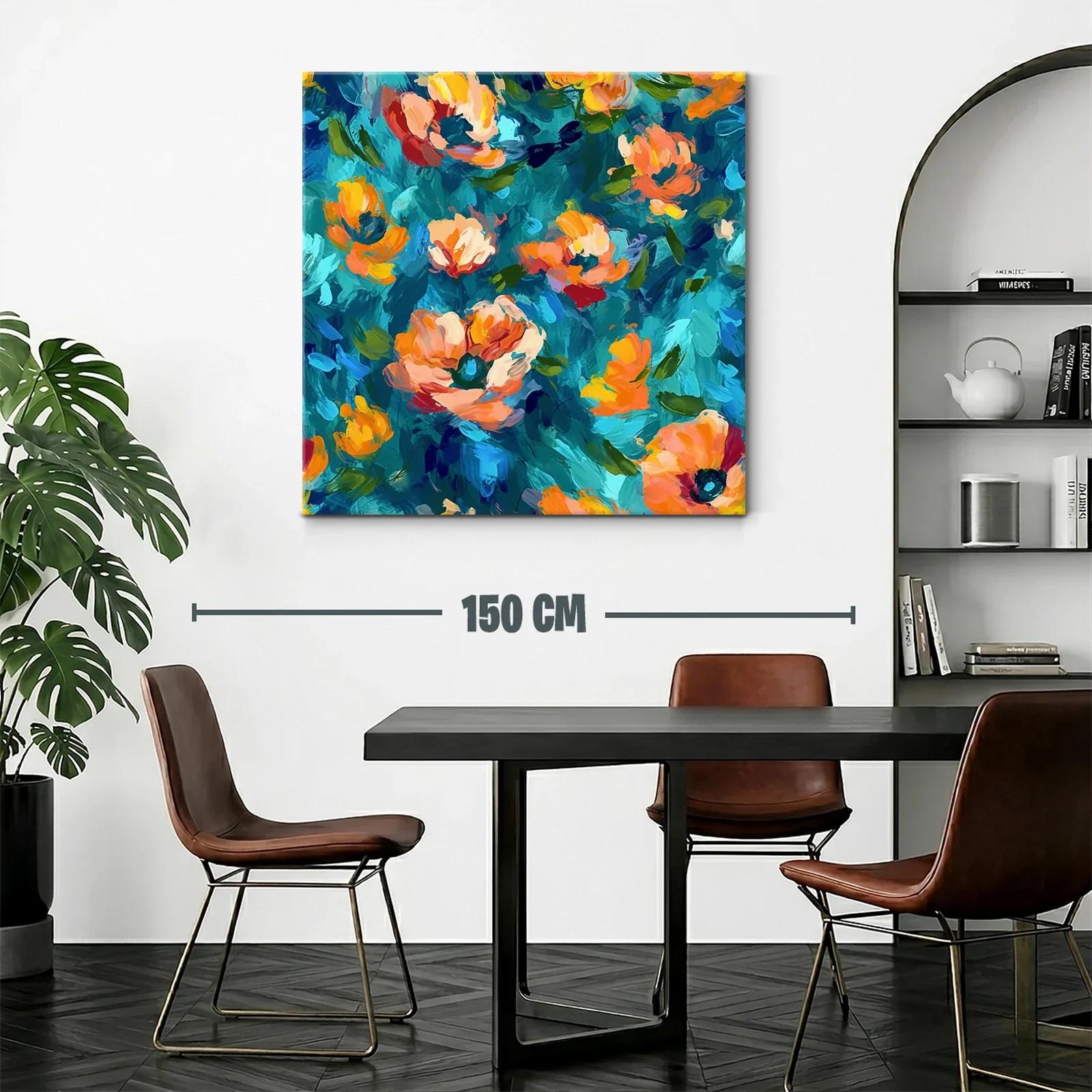 Cuadro con flores vibrantes en tonos azules y naranjas — miniatura 2