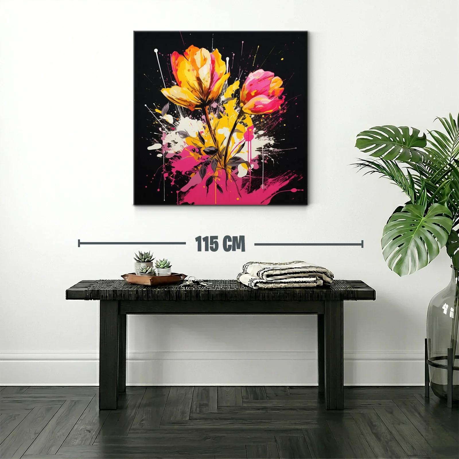 Cuadro floral vibrante con tonos rosas y amarillos intensos — miniatura 2
