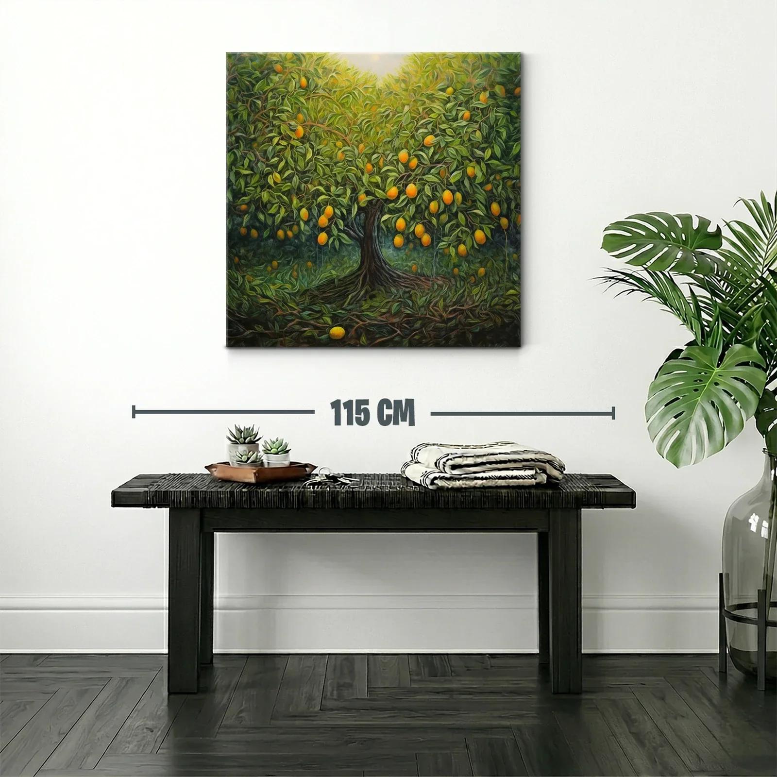 Cuadro árbol frutal con tonos verdes y naranjas vibrantes — miniatura 2