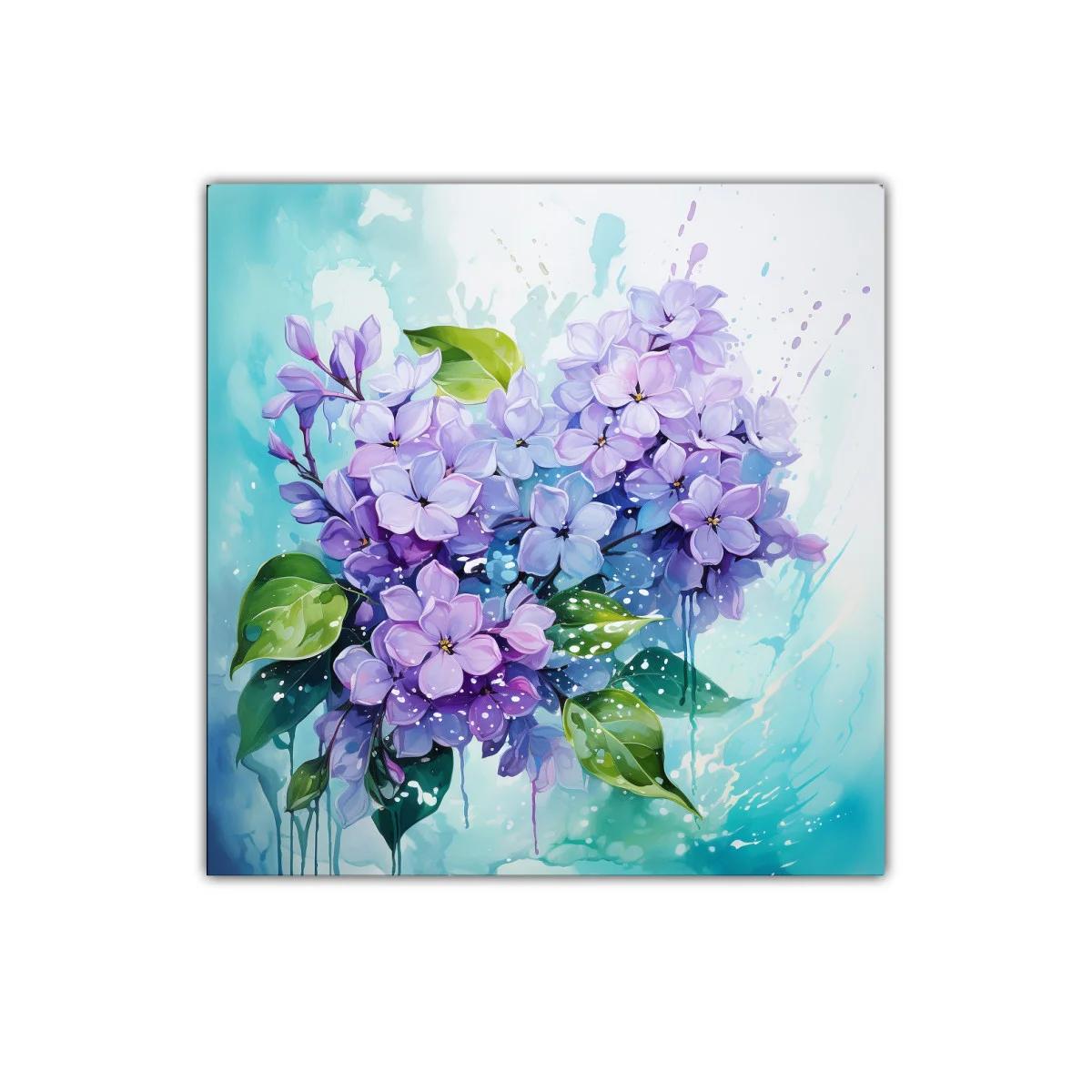 Cuadro decorativo con flores lilas y hojas verdes vibrantes — imagen principal
