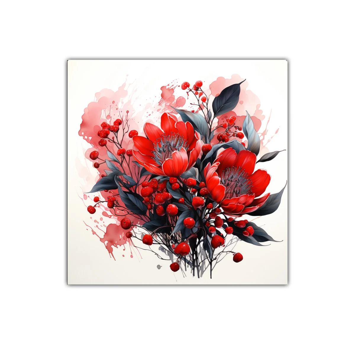 Cuadro floral vibrante con tonos rojos y negros para decoración — imagen principal