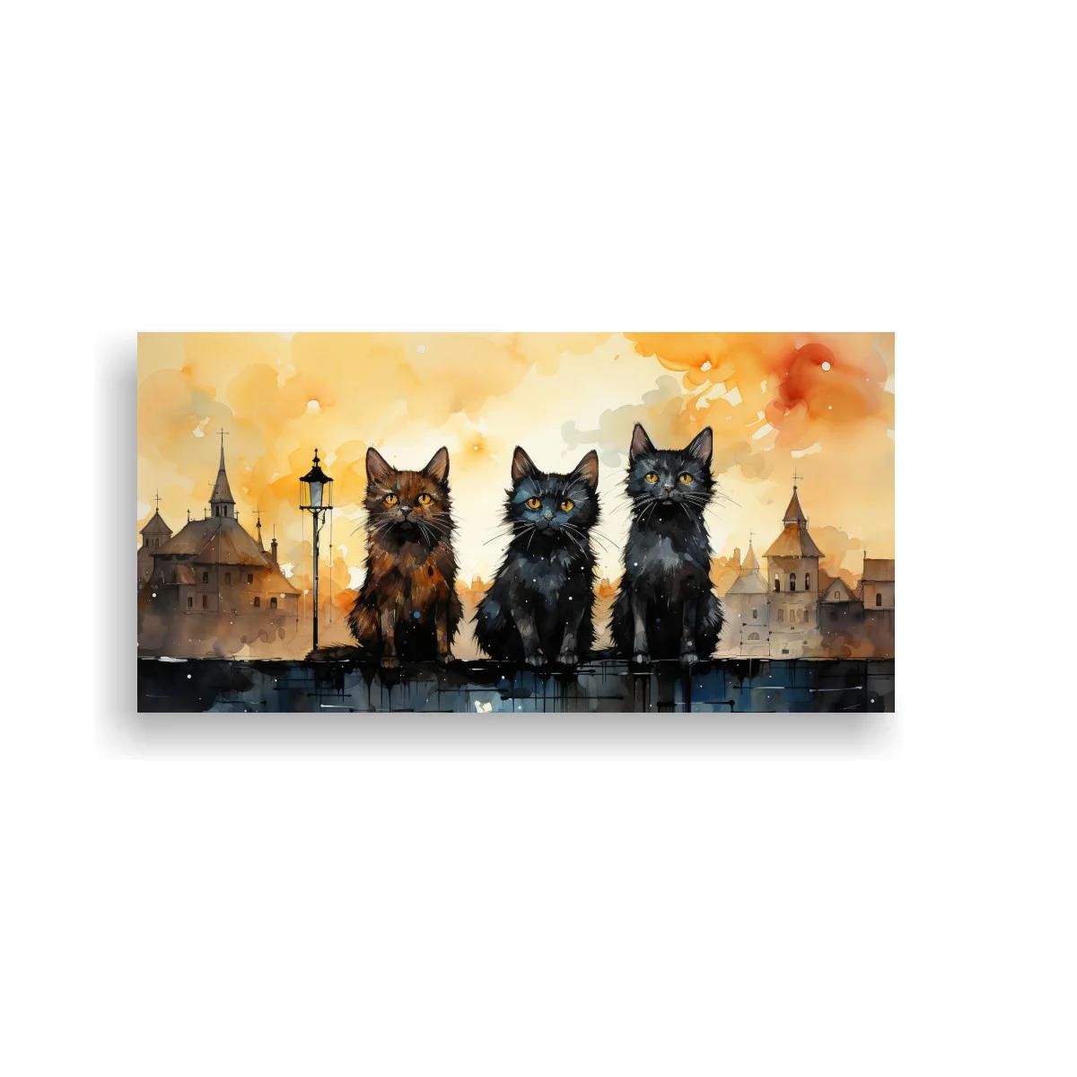 Cuadro tres gatos negros con farola antigua