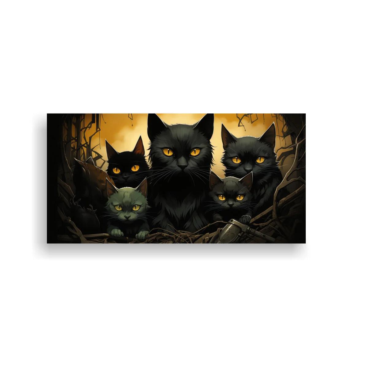 Cuadro grupo de gatos negros entre ramas y rocas