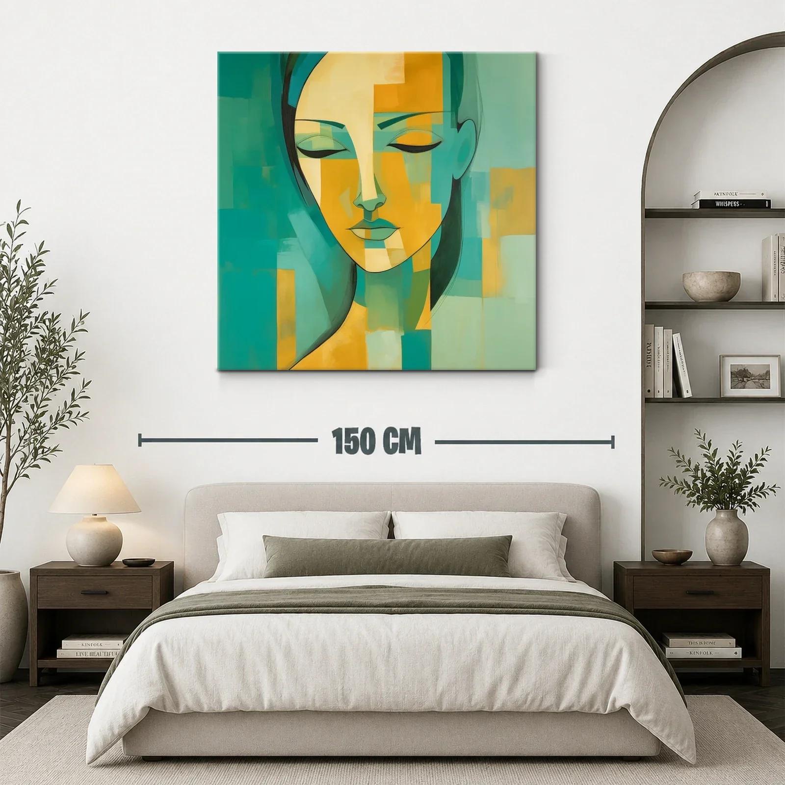Cuadro abstracto rostro femenino en tonos verdes y amarillos — miniatura 3