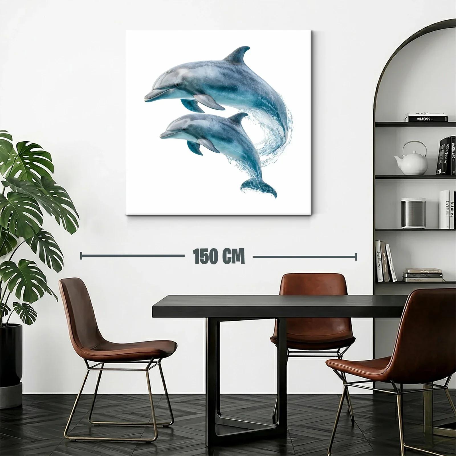 Cuadro de delfines saltando en tonos azules y grises — miniatura 2
