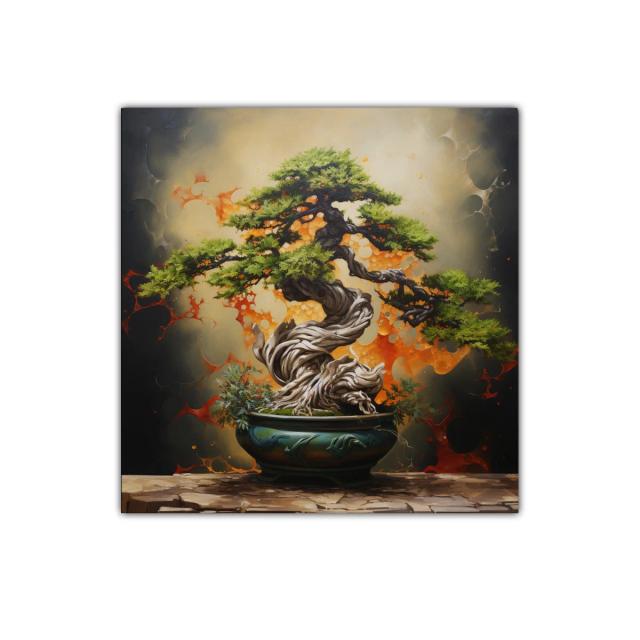 Cuadro Bonsái con Fondo Abstracto en Tonos Cálidos
